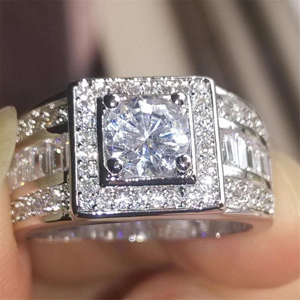 Anel de casamento masculino em ouro branco 18K com diamantes, moda europeia e americana, perfeito para noivos, luxo e elegância. — foto 4