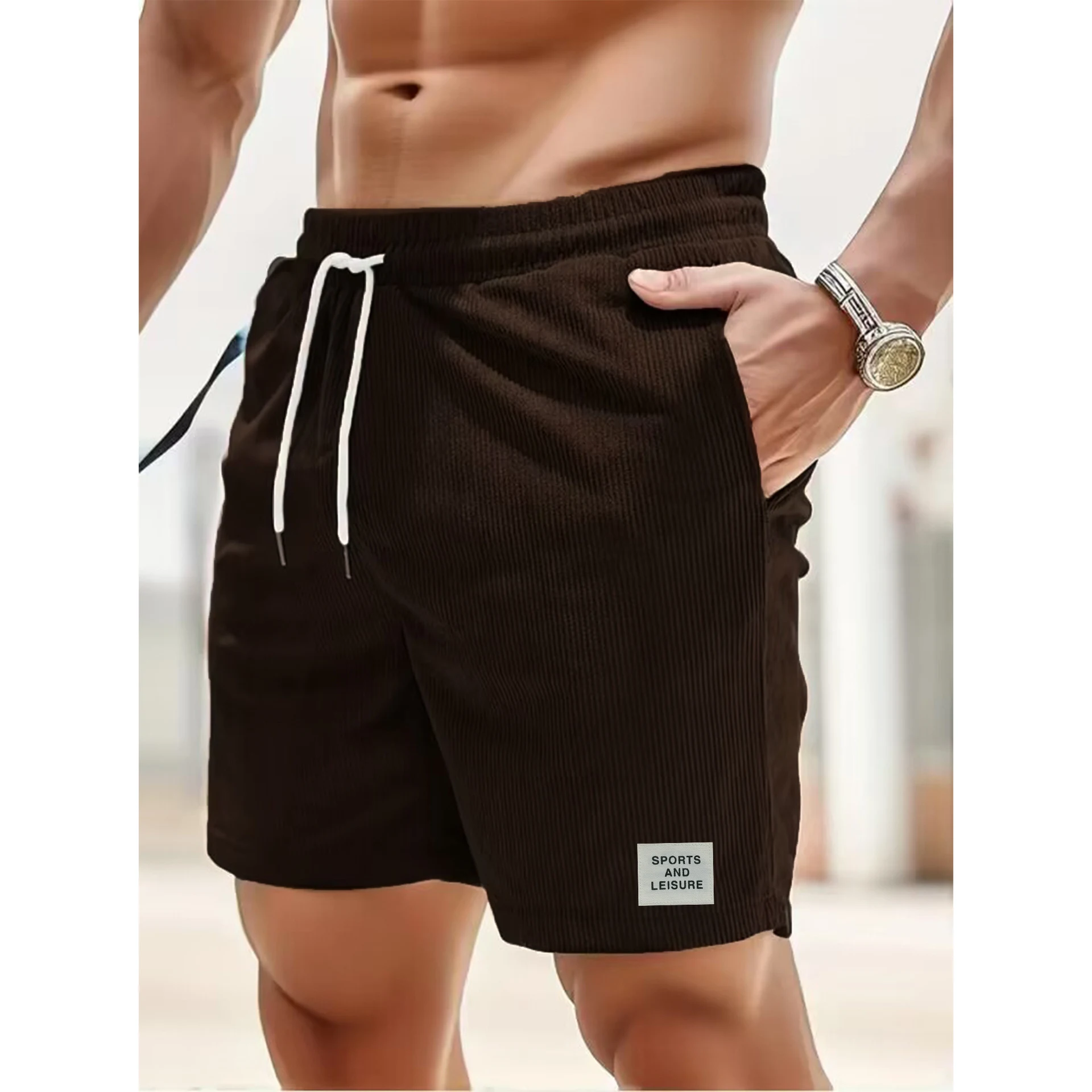 Pantalones deportivos atados de color puro de verano de pana – Comodidad y estilo para actividades al aire libre y deportivas. — foto 2