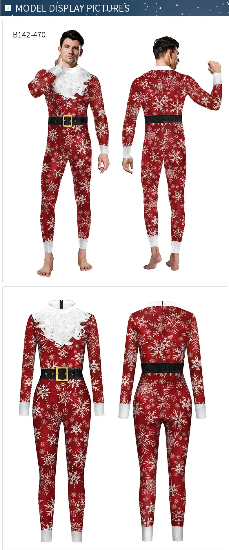Tuta intera aderente natalizia con stampa fiocchi di neve, abbigliamento da festa per donna, comodo ed elegante per l'inverno. — foto 9