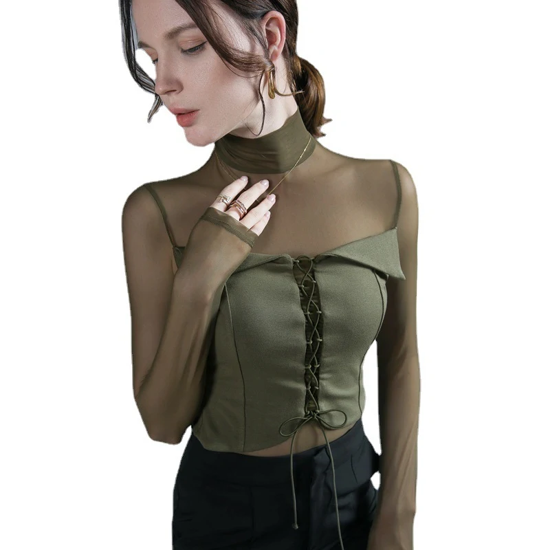 Title 2, Womens Design Mesh Patchwork Top Bottoming Shirt