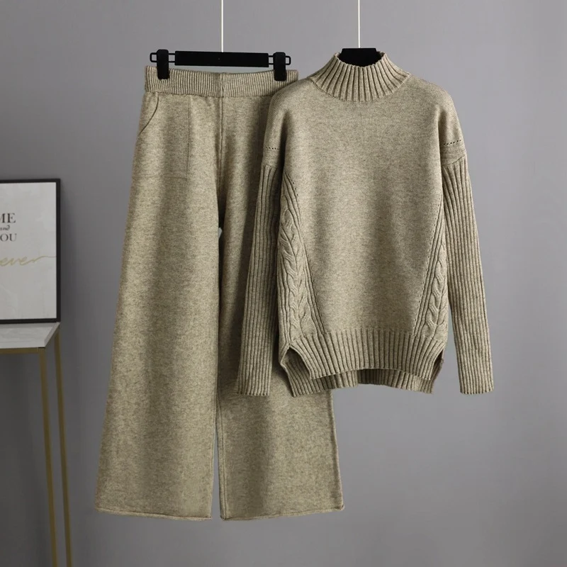 Conjunto feminino elegante e moderno, com suéter drapeado de malha e calças de perna larga, perfeito para um visual fashion. — foto 25