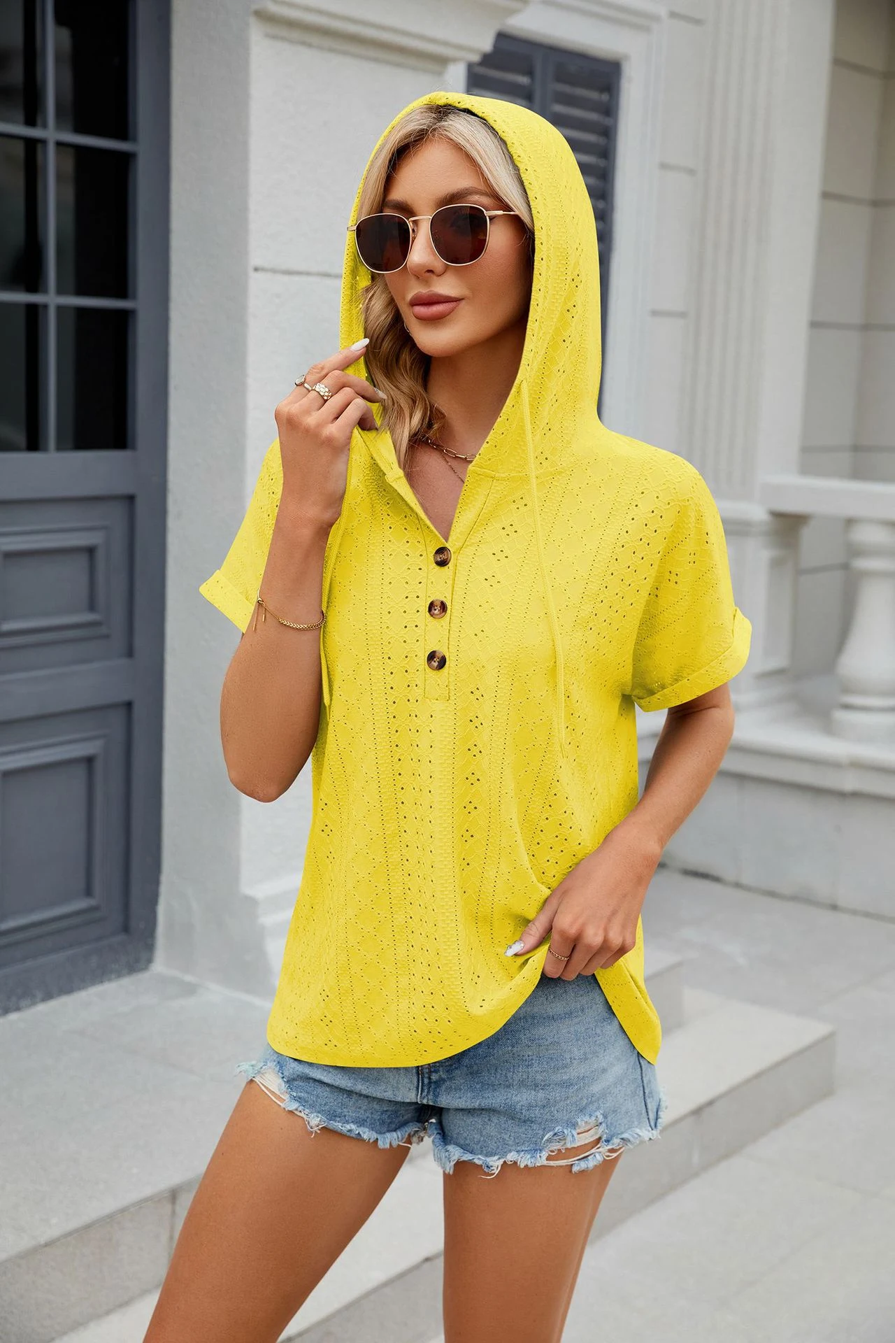 Title 18, New Solid Color Hooded Button T-shirt Loose Hol...
