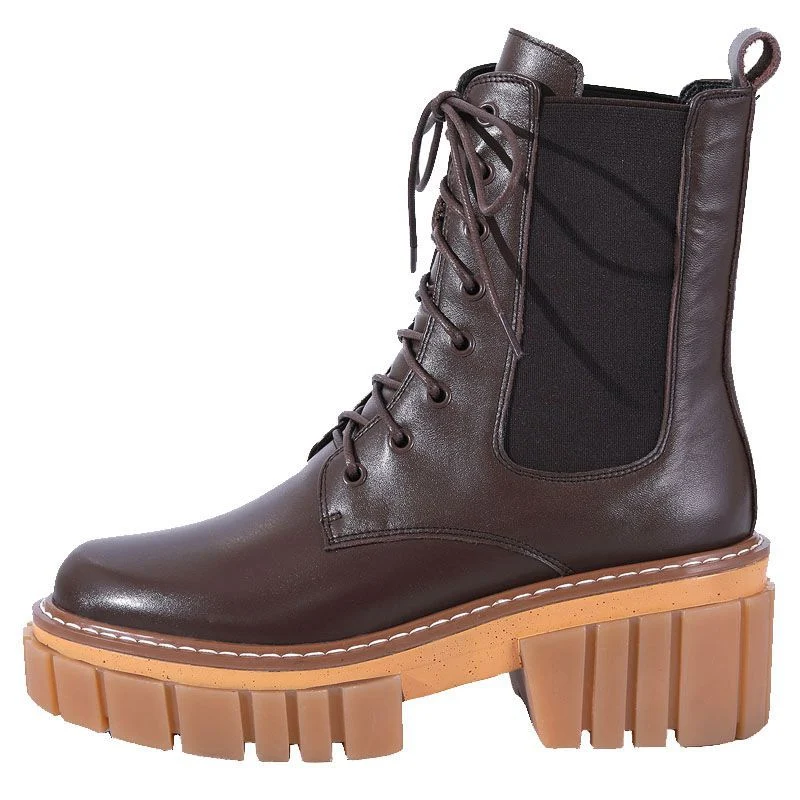 Title 2, Round Toe High Heeled Leather Platform Retro Ma...