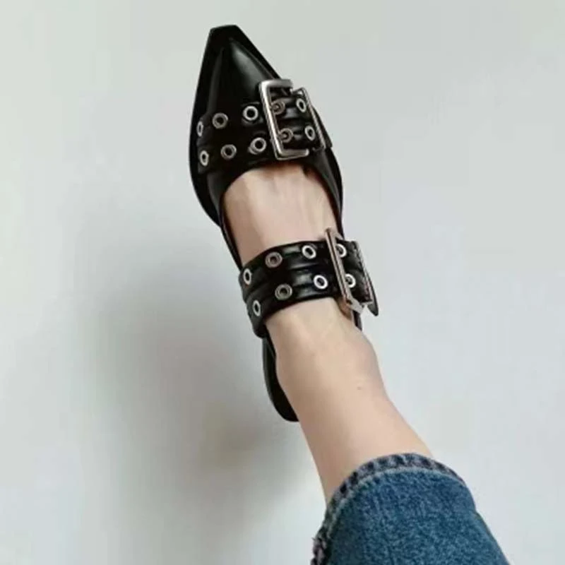 Kožne ravne sandale sa špicastim prstima i šnalom, elegantne i udobne ženske papuče, idealne za svaku priliku, klasičan stil za svaki dan. — foto 3