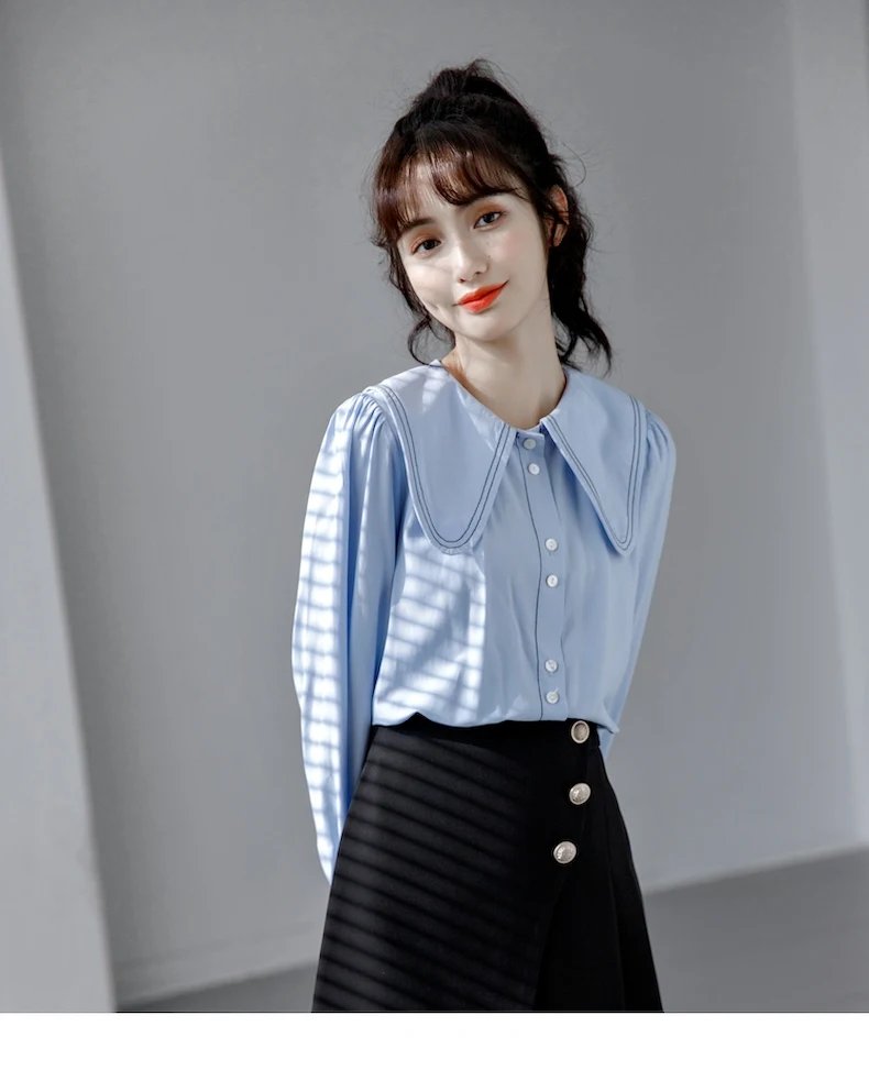 Title 2, Doll Collar Blue Shirt Womens Long Sleeve Desi...