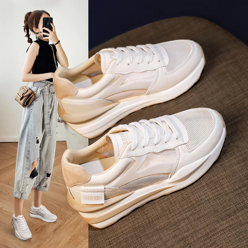 White Thick-soled Inner Increase Summer Casual Breathable Mesh Sneakers. Stylish and comfortable footwear designed to bo — photo 5