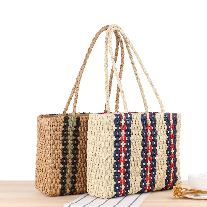 Title 4, Vertical Stripes One-shoulder Straw Woven Bag f...