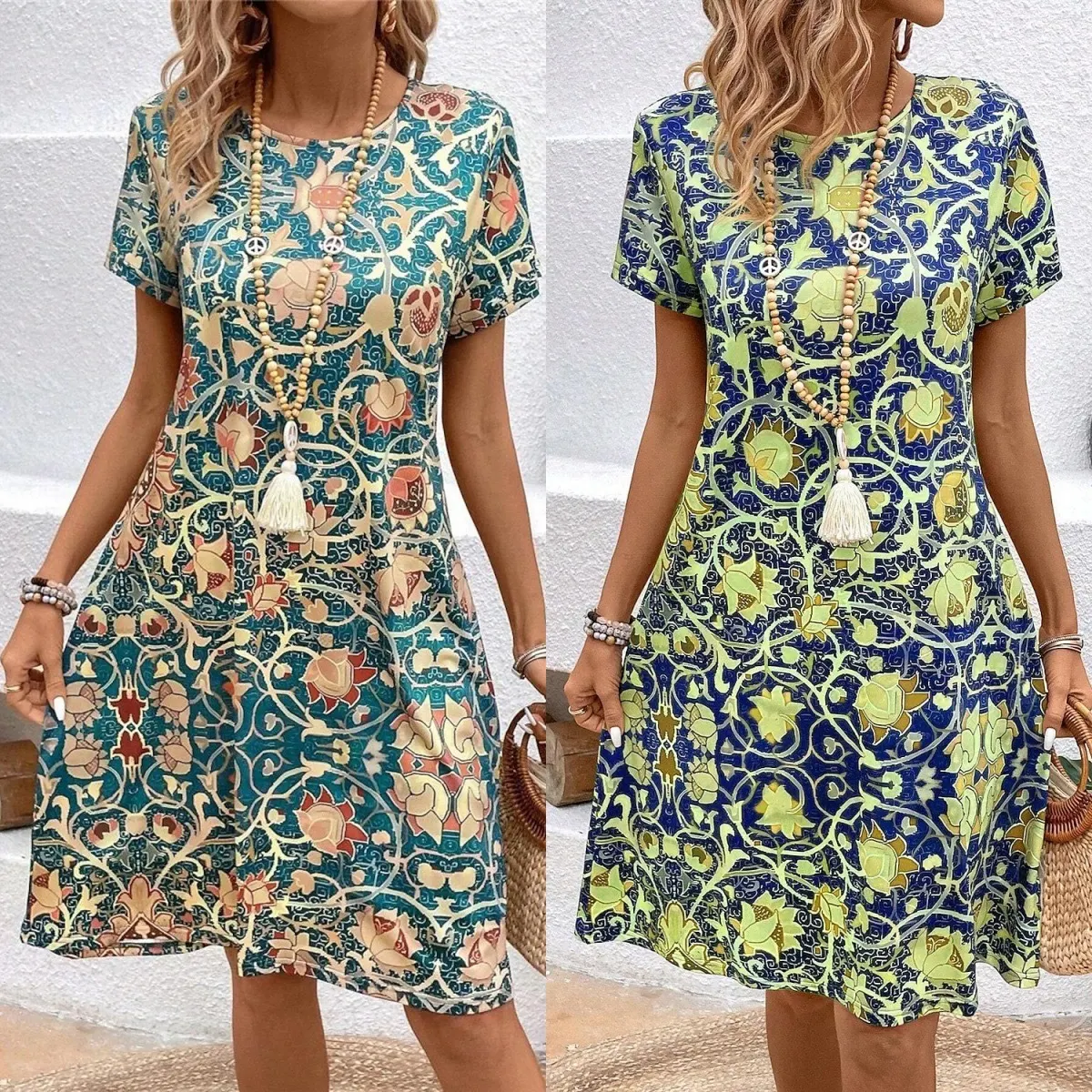 Round Neck Plant Flower Print Loose Casual Dress — photo 12