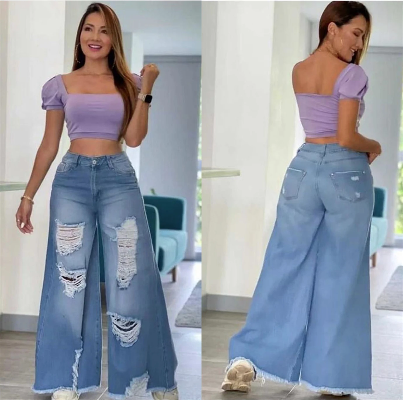 Pantalones Vaqueros de Pierna Ancha con Agujeros para Mujer, Sexy y a la Moda, Comodidad y Estilo para un Look Atrevido. — foto 12