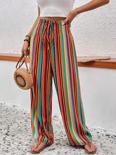 Multi-color Stripe Women's Casual Pants with Tied Elastic Waist, offering comfort and style for everyday wear, perfect f — photo 1