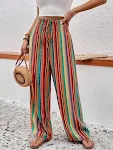 Multi-color Stripe Women's Casual Pants with Tied Elastic Waist, offering comfort and style for everyday wear, perfect f — photo 1