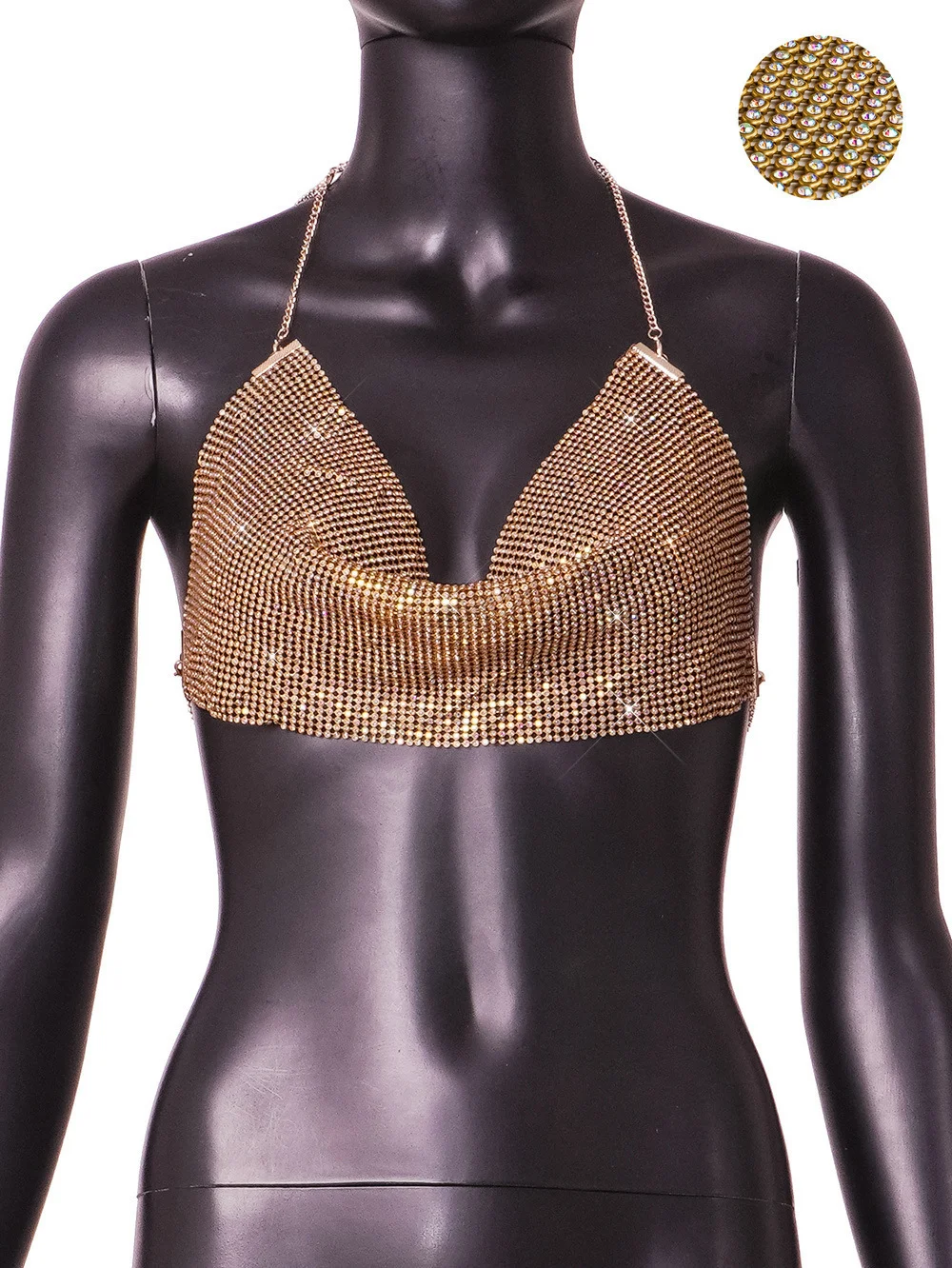 Top halter con cadena de metal y brillantes para mujer. Diseño super flash, estilo tubo y tirantes. Perfecto para looks glamurosos y modernos. — foto 18