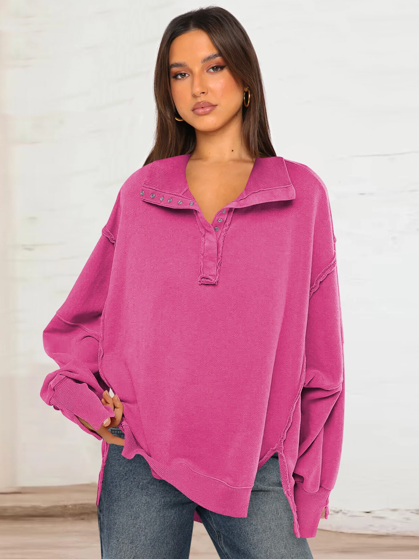 Title 17, Decorative Moulding Split Lapel Loose Sweater, ...