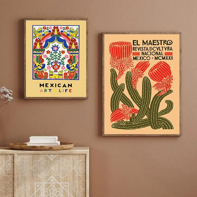 Tela de pintura floral retrô mexicana, ideal para decoração de parede. Adicione um toque vibrante e artístico à sua casa ou escritório. — foto 6
