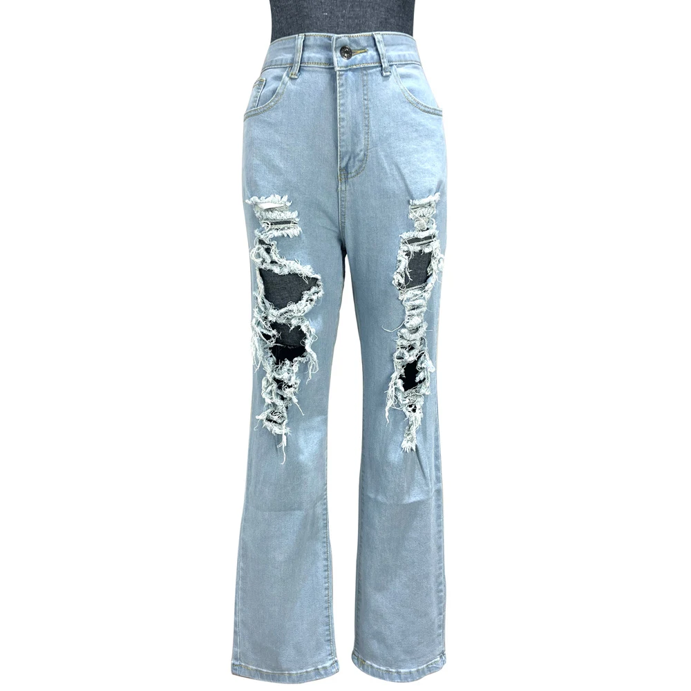 Jeans donna europei e americani a vita alta elasticizzati, pantaloni a gamba larga strappati, perfetti per un look casual e alla moda. — foto 4