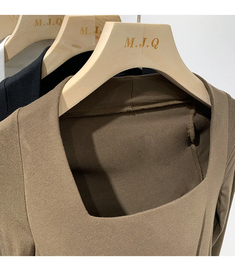 Collarbone Slim Top Solid Color Square Collar Long Sleeve T-shirt - Elegant and Flattering, Perfect for Everyday Wear, E — photo 18