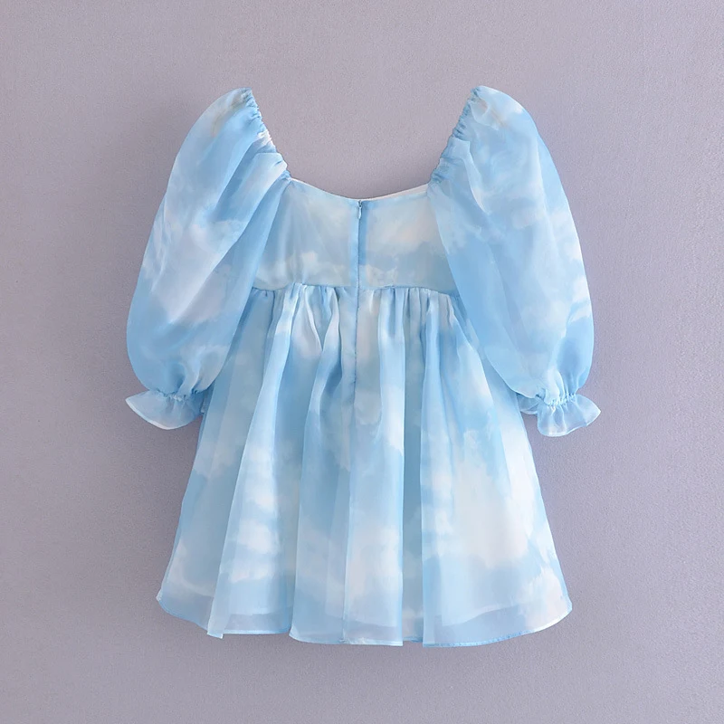 Moda borrada azul céu nuvem vestido de manga bufante feminino — foto 2