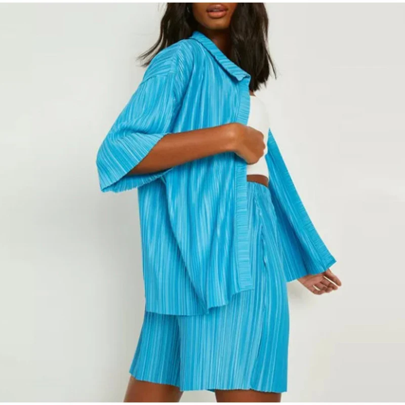 Title 3, Conjunto feminino de duas peças, shorts plissad...