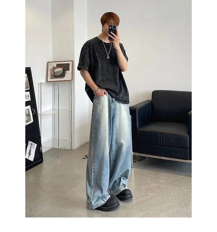 Hoogwaardige, gewassen retro broek met wijde pijpen. Veelzijdige en comfortabele broek voor een stijlvolle look, perfect voor dagelijks gebruik. — foto 3