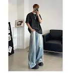 Hoogwaardige, gewassen retro broek met wijde pijpen. Veelzijdige en comfortabele broek voor een stijlvolle look, perfect voor dagelijks gebruik. — foto 3