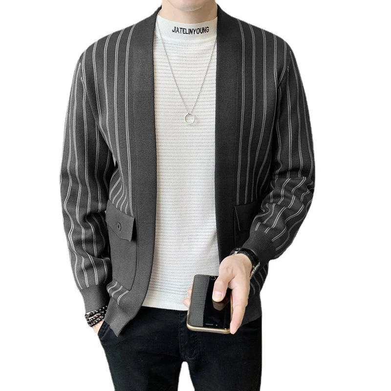 Title 10, Cardigã de malha listrada slim casual masculino...