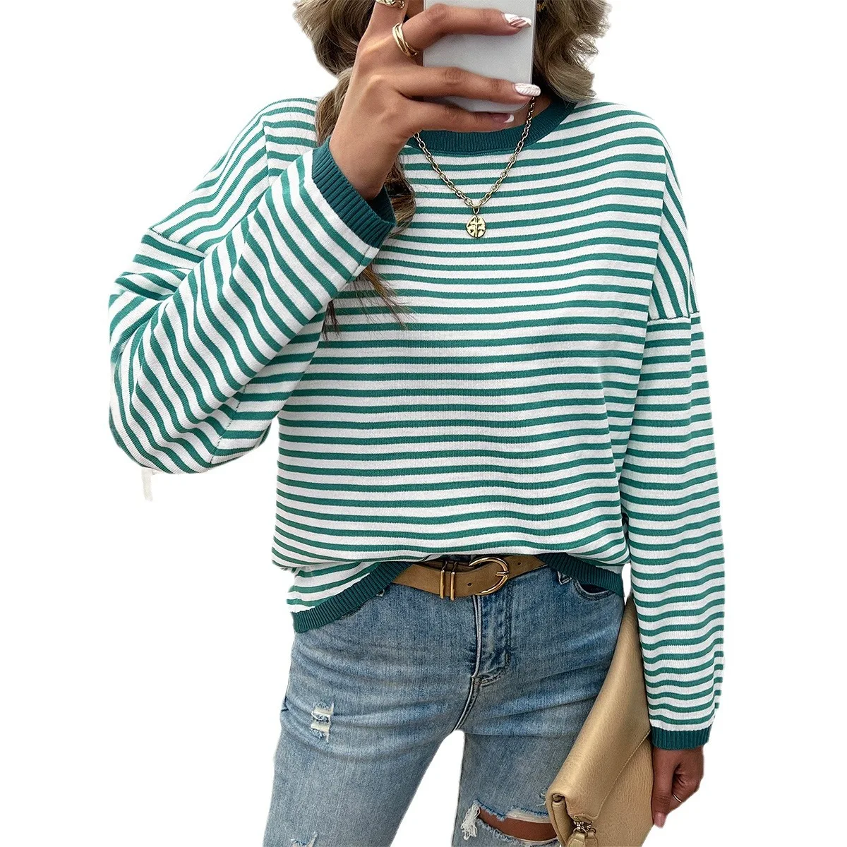 Title 3, Moda Feminina Suéter Listrado com Gola Redonda