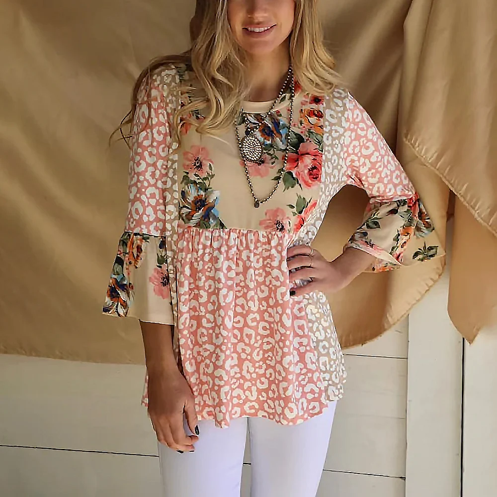 Title 6, Printed Patchwork Contrast Sleeve Loose Casual ...