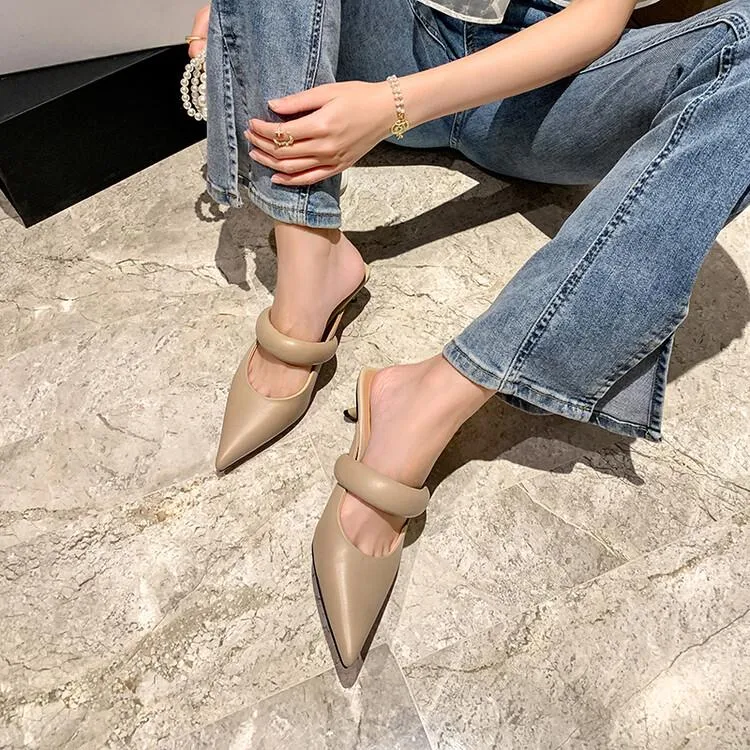 Title 5, Pointed Toe High Heels Leather Apricot Half Sli...