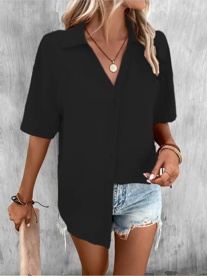Temperament Pure Color V-neck Shirt Women's Top Short Sleeve. A comfortable and stylish top, perfect for everyday wear. — photo 10