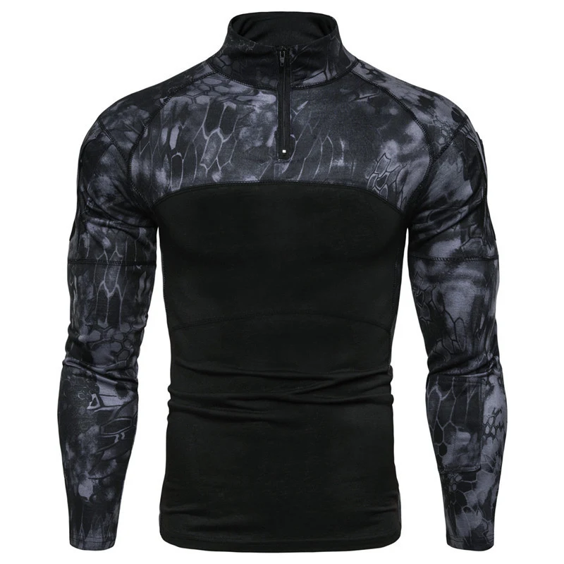 Camiseta Militar Masculina Manga Longa Camuflada Fitness com Bolso Zíper para Atividades ao Ar Livre e Campo de Batalha — foto 1