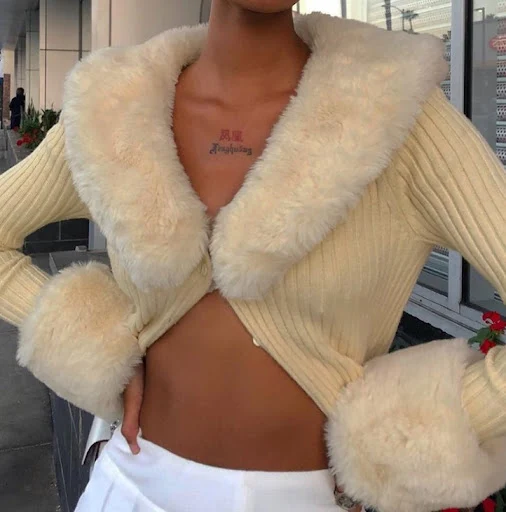 Title 7, Temperament Furry Collar And Furry Cuff Knitted...