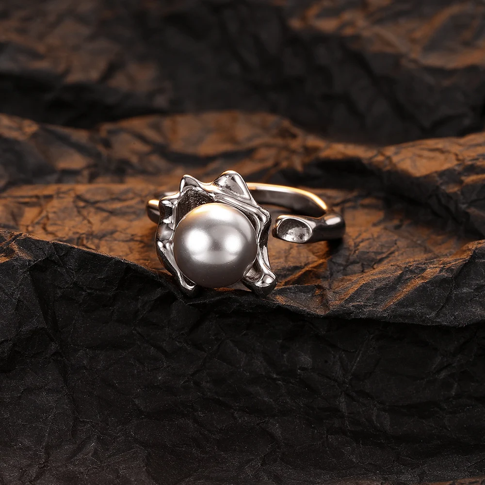 Anel feminino de prata esterlina S925 com textura, abertura ajustável, pérolas de concha e design floral para o dedo indicador. — foto 7