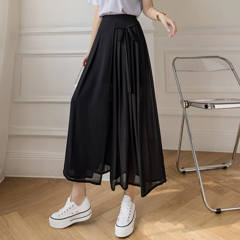 Geplooide chiffon cropped casual broek met elastische taille, pantskirt stijl, comfortabel en stijlvol voor dagelijks gebruik. — foto 8