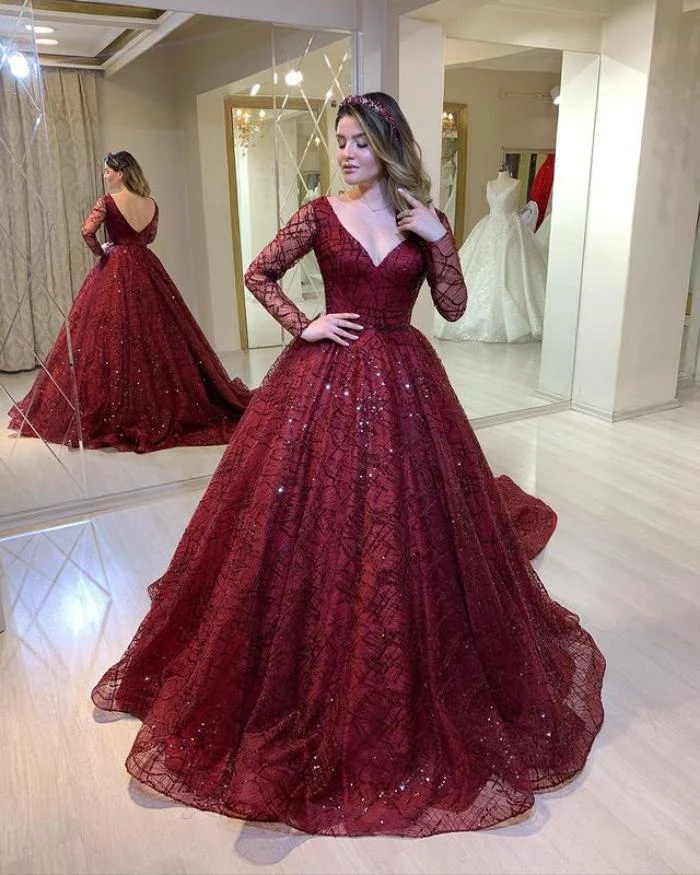 Title 3, Long sleeve sequin formal swing dress with a V-...