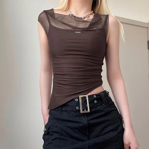 Title 4, Mesh Spliced Irregular Strap Tank Top For Women