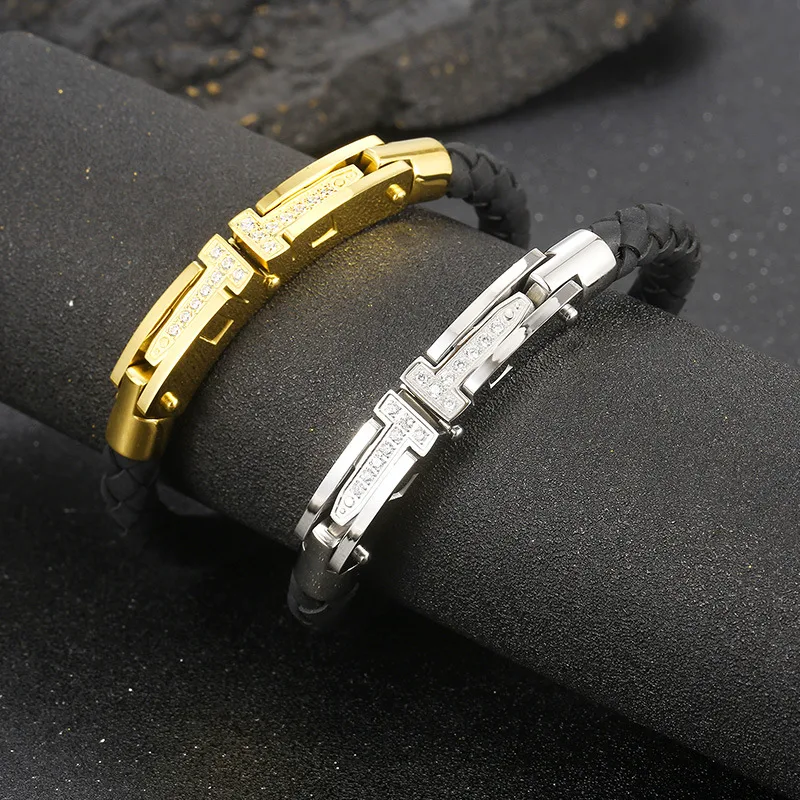 Pulseira masculina de couro trançado e aço titânio europeu e americano, personalidade forte, design estiloso e durável, acessório perfeito para homens modernos. — foto 8