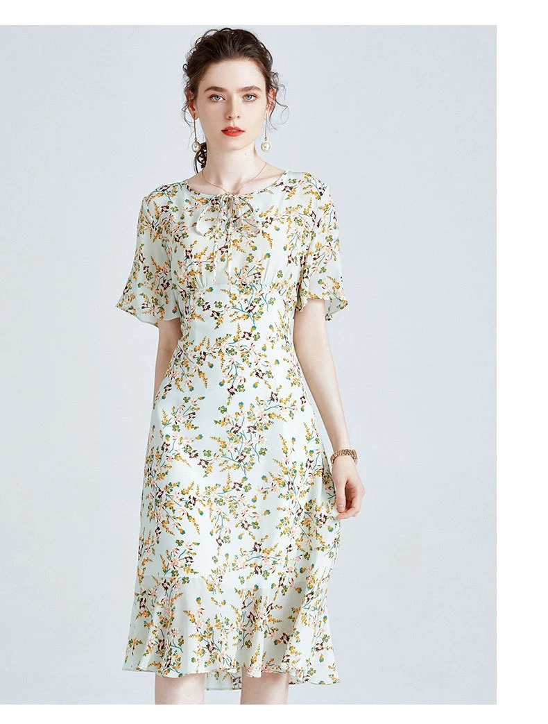 Title 12, Silk Dress High-end Printed Short Sleeve French...