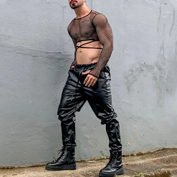 Camiseta masculina casual de manga longa com design vazado e amarrações, estilo rede de pesca, personalizada para um visual moderno e fresco. — foto 2