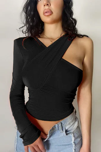 Title 3, Oblique Shoulder Single Sleeve Elastic Temperam...