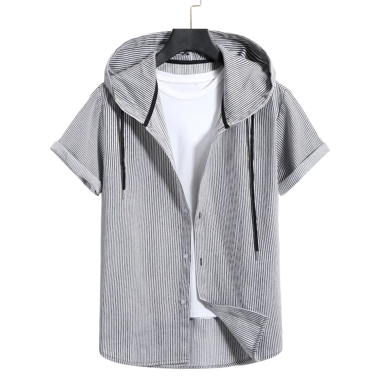 Youth Fashion Casual Hooded Striped Short-Sleeved Color-Block Printed Shirt. Perfect for a relaxed, stylish look, offeri — photo 4