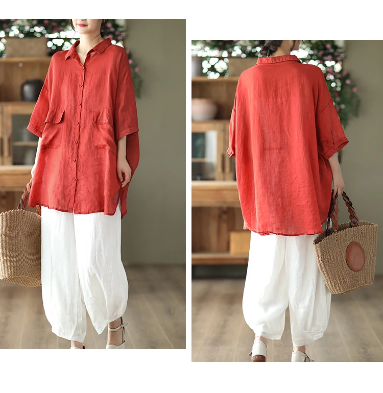 Title 6, Retro Ramie Shirt Mid-length Elegant Top