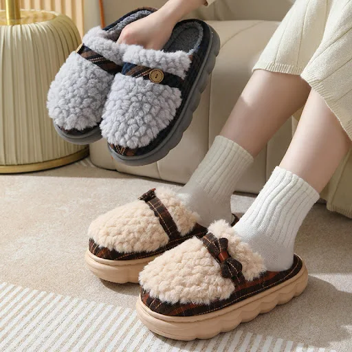 Title 3, Winter Plush Slippers With Bow Button Design, I...