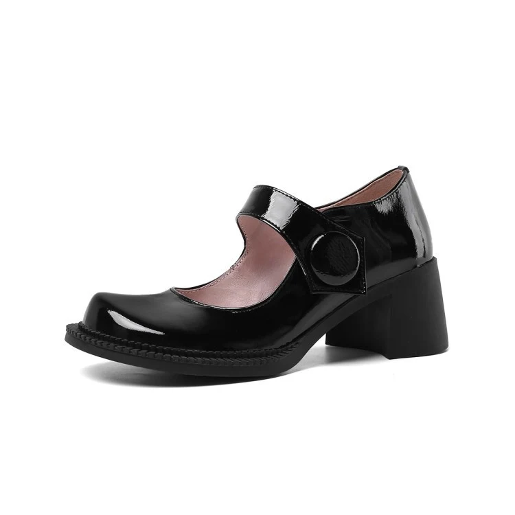 Koreaanse pumps van lakleer met ronde neus, gesp en blokhak, halverwege de hak. Stijlvol en comfortabel. Perfect voor elke outfit. — foto 2