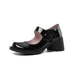 Koreaanse pumps van lakleer met ronde neus, gesp en blokhak, halverwege de hak. Stijlvol en comfortabel. Perfect voor elke outfit. — foto 2