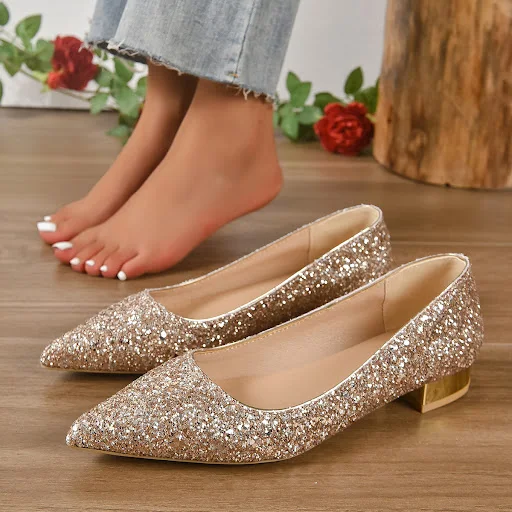 Title 16, Crystal Sequins Low Heel Shoes for Women