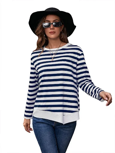 Title 22, Striped Print T-shirt Round Neck Pullover Color...