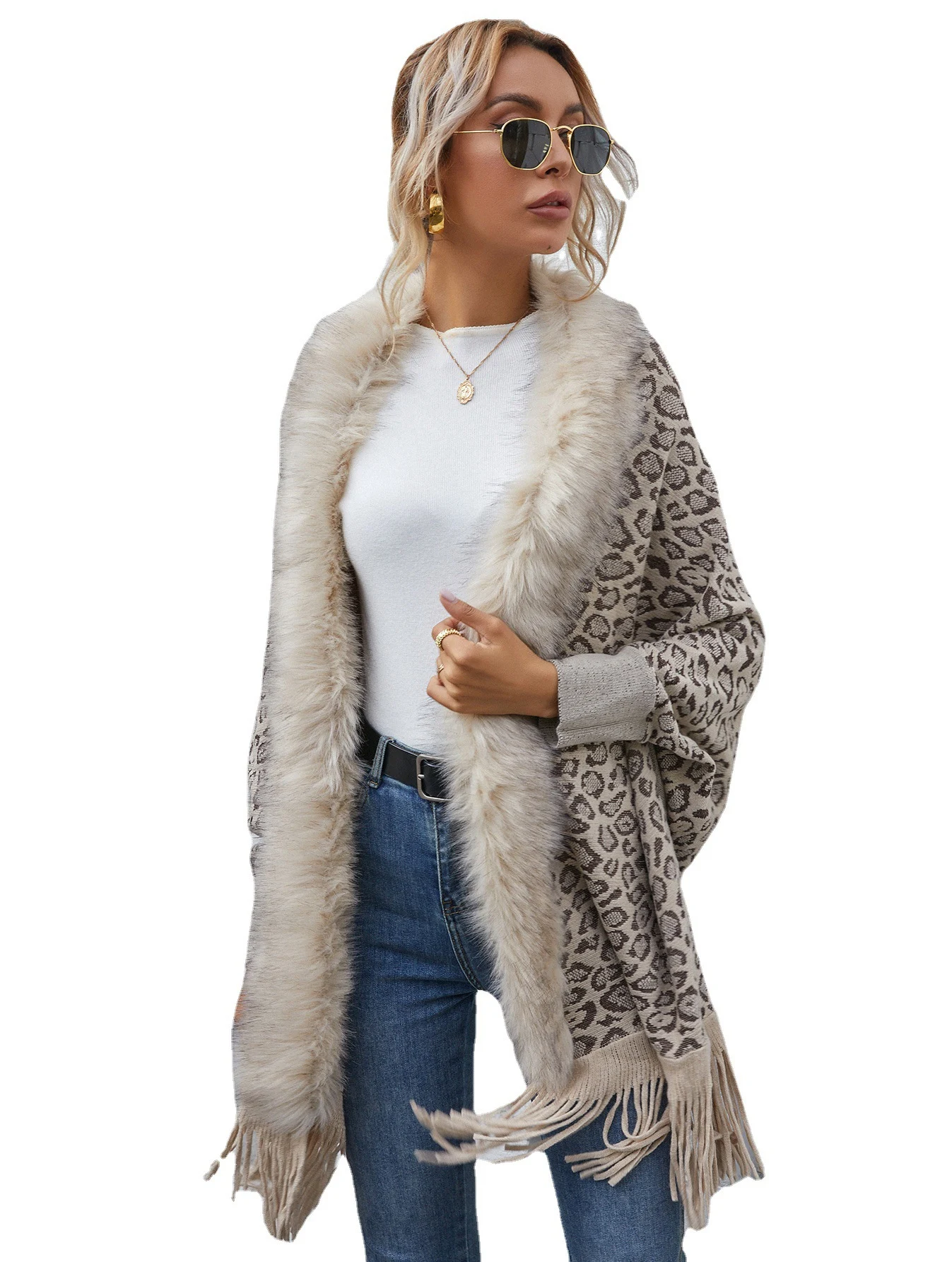 Title 3, Cardigan leopardato con collo in pelliccia, gia...
