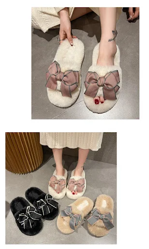 Title 13, Cute Fashion Bowknot Plush Flat Slippers, comfo...