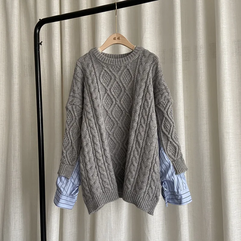 Suéter de malha feminino de tamanho grande estilo preguiçoso, emagrecedor, lã grossa com torção, perfeito para um visual elegante e quentinho. — foto 3