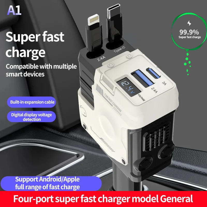 Car Charger Fast Charging and Retractable Four-in-One Cigarette Lighter. Quickly charge multiple devices simultaneously — photo 9